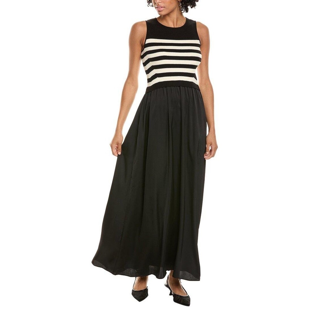Taylor Mixed Media Maxi Dress M Black White Striped Ribbed Knit Sleeveless